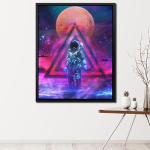 May include: An astronaut in a blue spacesuit walks through a glowing pink and blue triangle portal in a cosmic landscape with a red planet in the background.