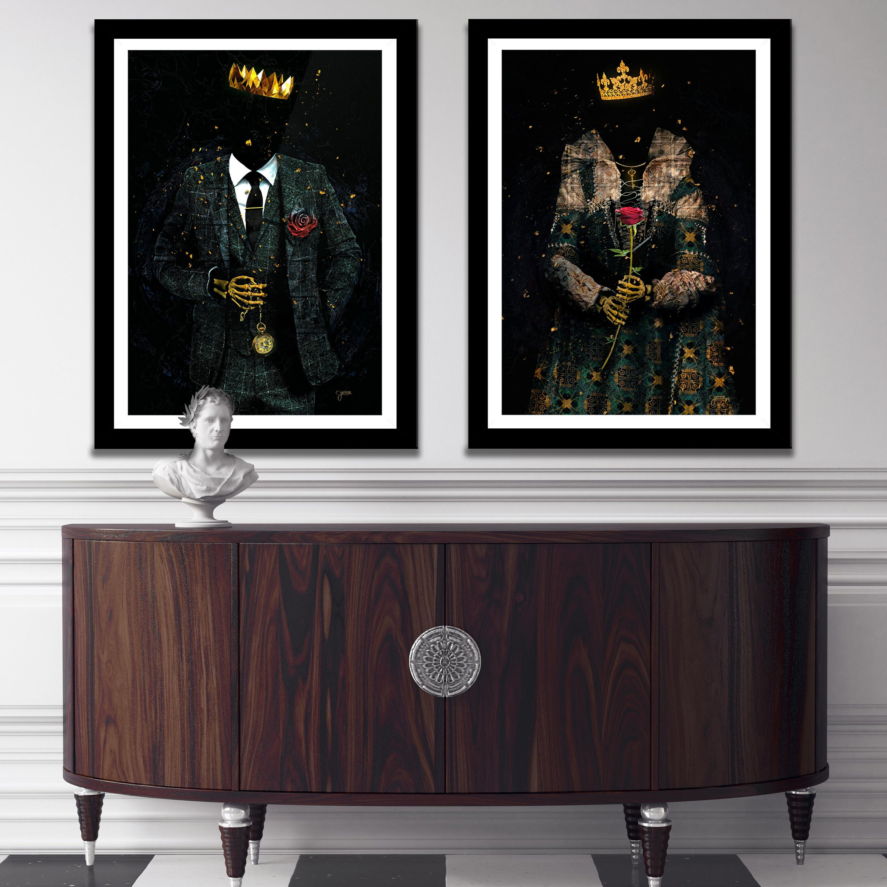 King and Queen Wall Decor | Skeleton Artwork Royalty Art | Framed