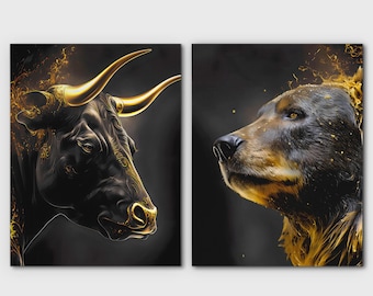 Gold Bull and Bear Financial Stock Broker Paintings, Matching Trader Art