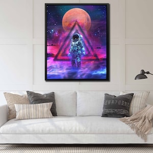 May include: An astronaut in a white spacesuit stands in a triangle of light, surrounded by a swirling nebula and a large red planet. The background is a dark blue space with stars.