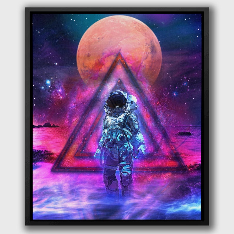 May include: An astronaut in a blue spacesuit stands in front of a glowing pink and purple triangle, with a large orange planet in the background. The scene is set against a dark blue sky with stars.