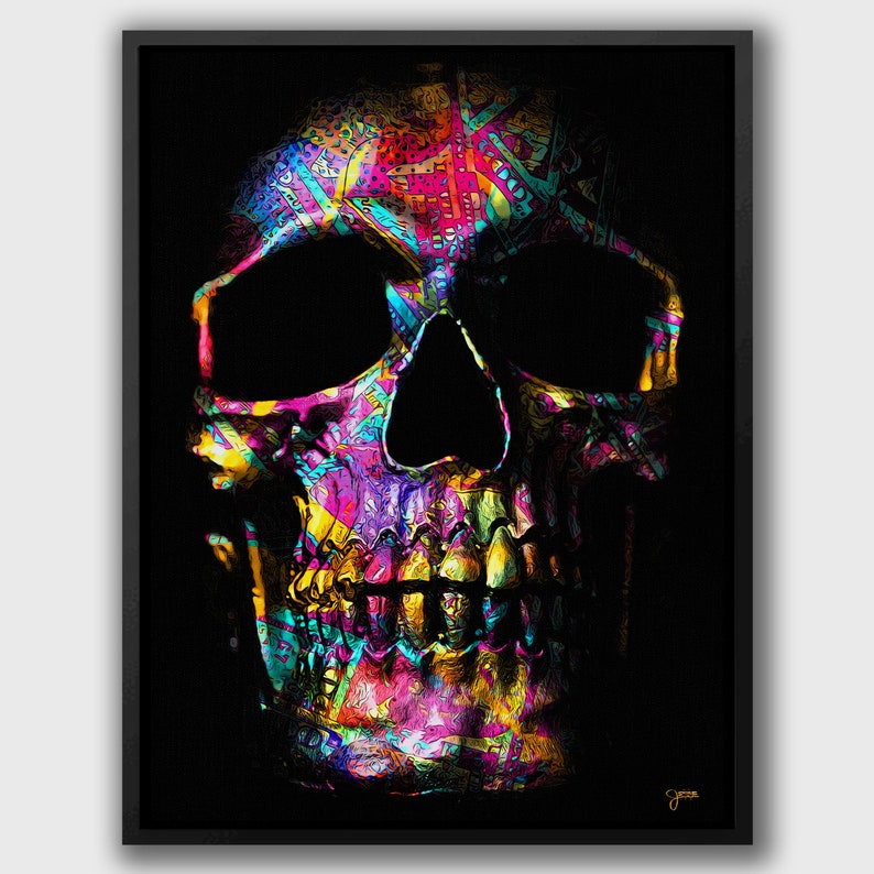 May include: A colorful skull with a black background. The skull is made up of a variety of bright colors, including pink, yellow, green, and blue. The skull is a digital illustration.