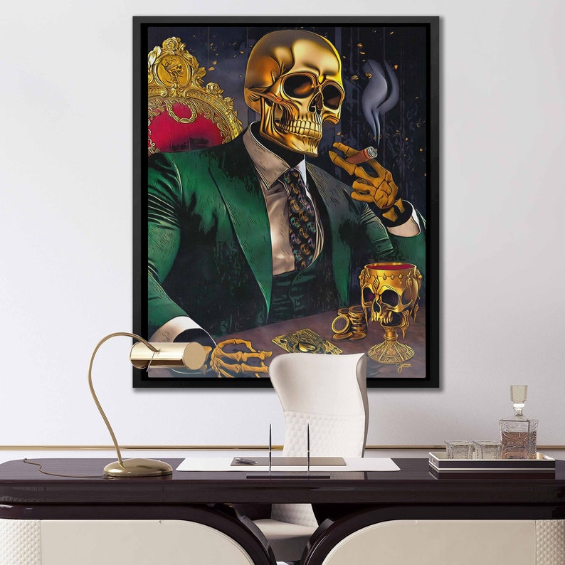 May include: A gold skull wearing a green suit and a tie sits on a throne with a cigar in its hand. The skull is holding a glass of red liquid in its other hand. The background is dark and blurry.