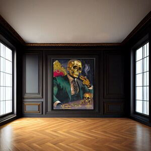 May include: A gold skull wearing a green suit and holding a cigar sits on a throne with a glass of liquid in front of it. The background is dark and the skull is illuminated.