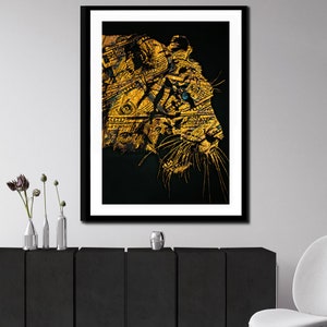 May include: An abstract art print of a tiger's face in gold and black, with dollar bills forming the tiger's fur. The background is black.
