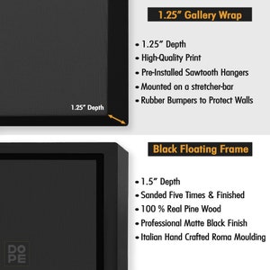 May include: Two black picture frames with different depths. The frame on the left is a 1.25 inch gallery wrap with pre-installed sawtooth hangers and rubber bumpers to protect walls. The frame on the right is a 1.5 inch black floating frame made of 100% real pine wood with a professional matte black finish and Italian hand crafted Roma moulding.