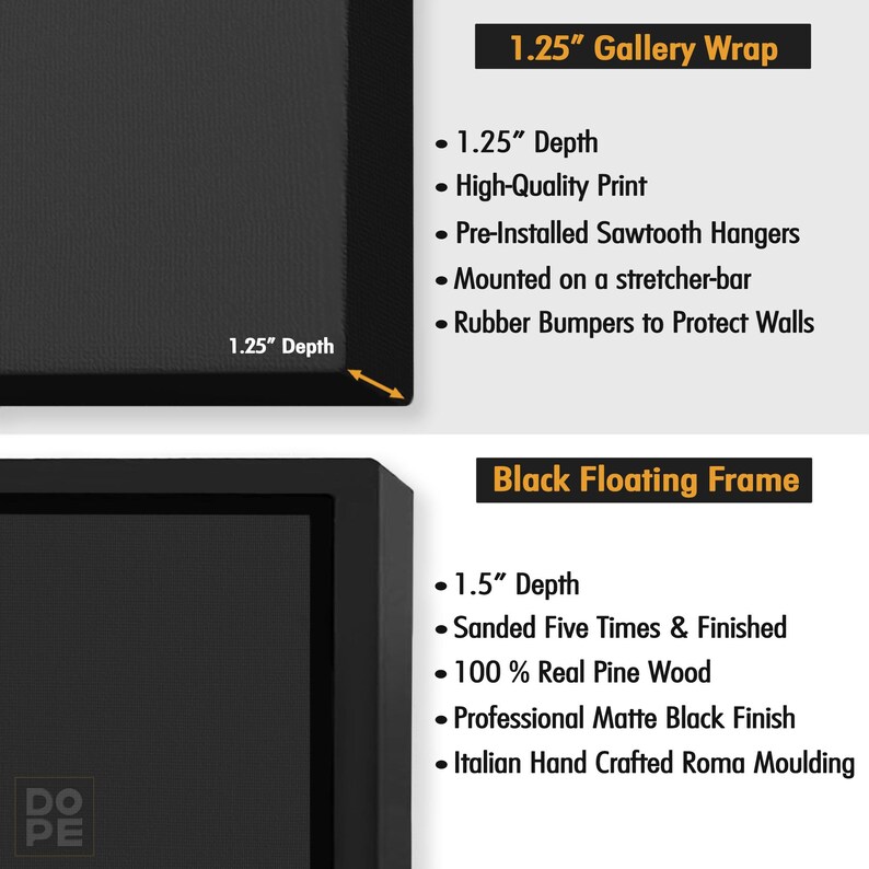 May include: Two black picture frames with different depths. The frame on the left is a 1.25 inch gallery wrap with pre-installed sawtooth hangers and rubber bumpers to protect walls. The frame on the right is a 1.5 inch black floating frame made of 100% real pine wood with a professional matte black finish and Italian hand crafted Roma moulding.