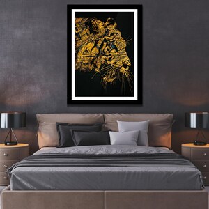 May include: A black and gold abstract art print of a tiger's face. The tiger's face is made up of dollar bills.