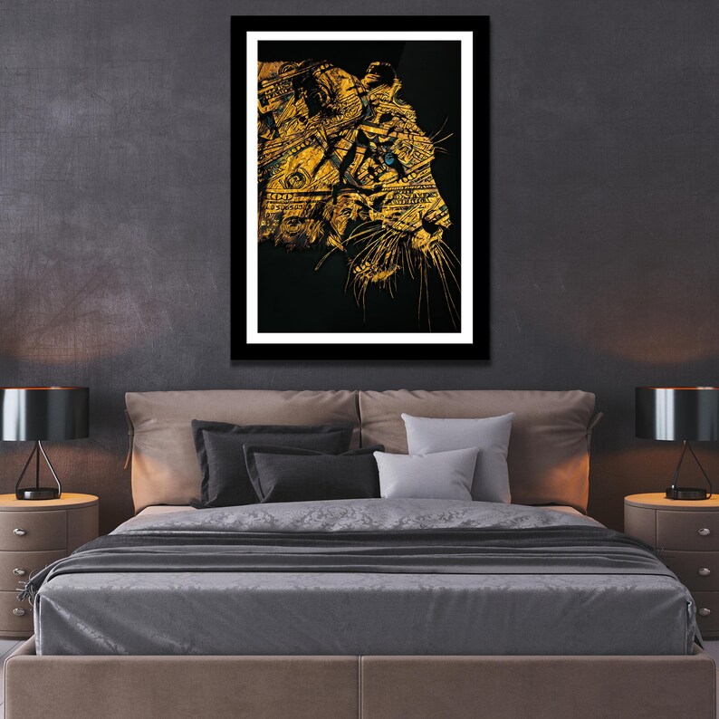 May include: A black and gold abstract art print of a tiger's face. The tiger's face is made up of dollar bills.