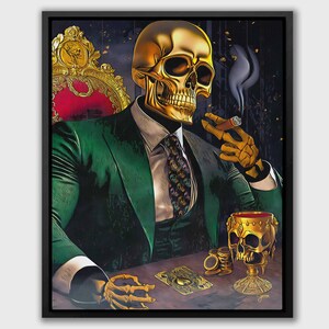 May include: A gold skull wearing a green suit and a tie sits in a chair, holding a cigar and a glass of wine. The skull is surrounded by gold coins and a playing card.