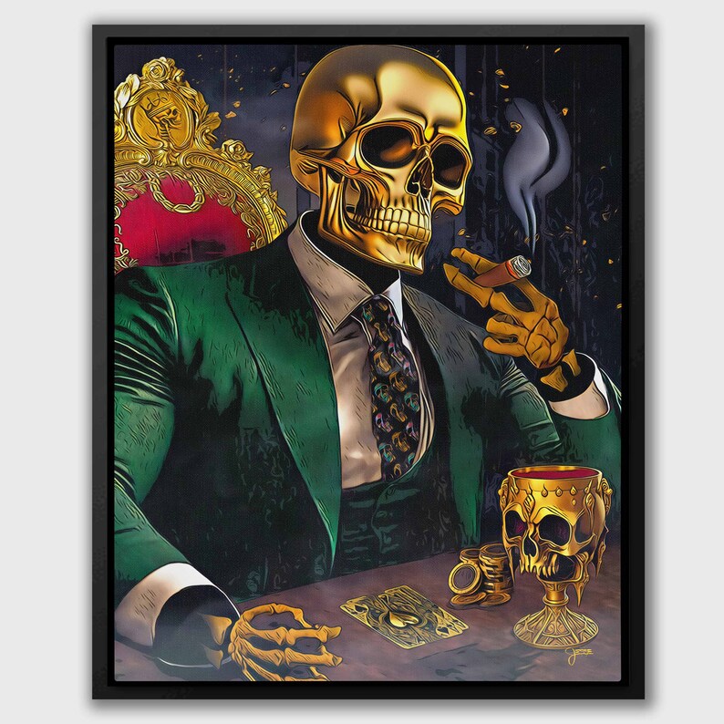 May include: A gold skull wearing a green suit and a tie sits in a chair, holding a cigar and a glass of wine. The skull is surrounded by gold coins and a playing card.