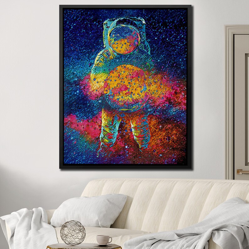 May include: A colorful abstract painting of an astronaut holding a planet in front of a galaxy background.