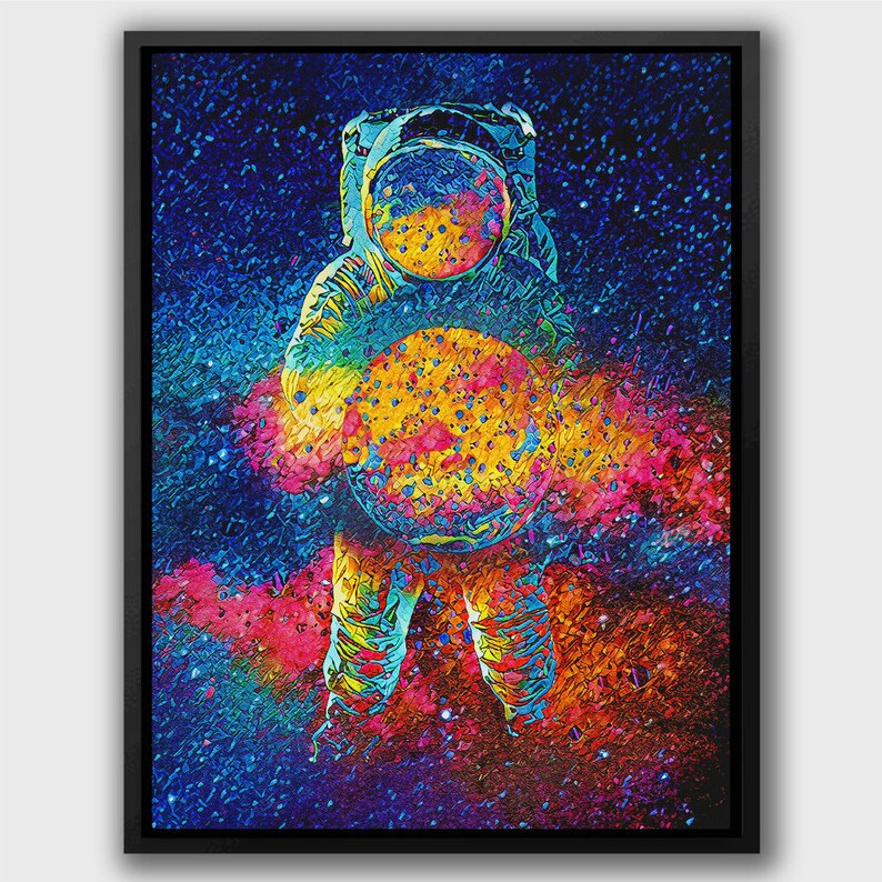 May include: A colorful abstract painting of an astronaut holding a planet in front of a galaxy background.
