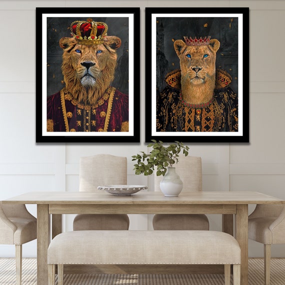 King and Queen Lion Artwork Print | Matching Wall Art Couple Painting | Entrepreneur Gift Semi-Gloss Prints Above Bed Decor