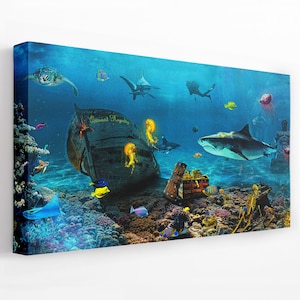 Great White Shark BEACH themed DECOR | Treasure Island Ship Painting | Surfer Beach House Decor | Extra Large Wall Art