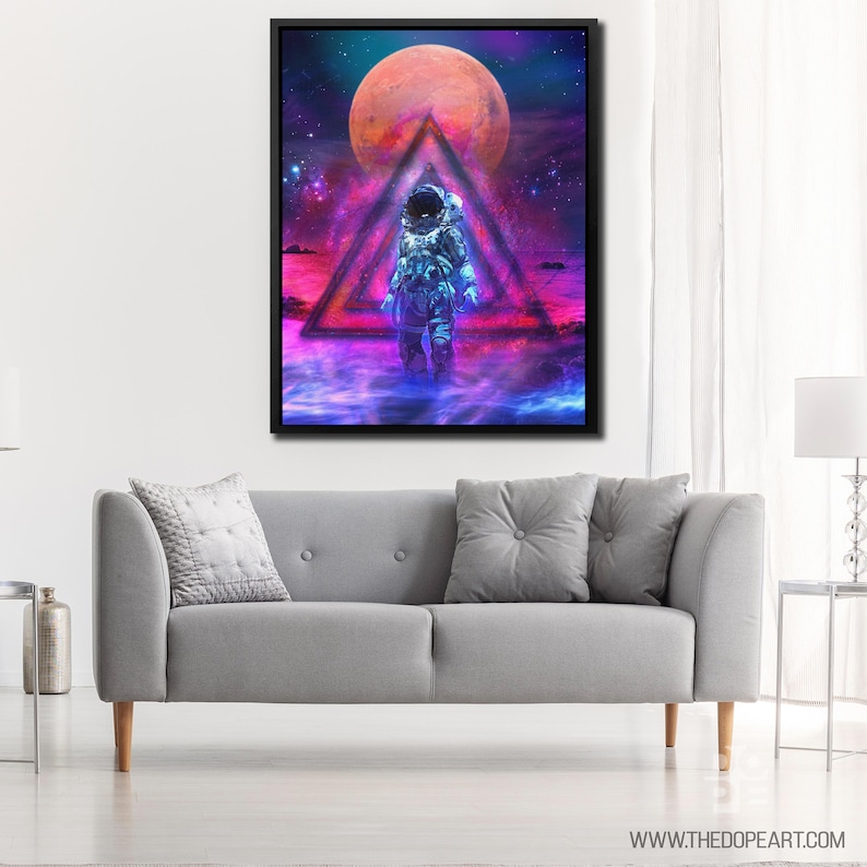 May include: An astronaut in a white spacesuit walks through a glowing pink and blue triangle portal in space. A large red planet is visible in the background.