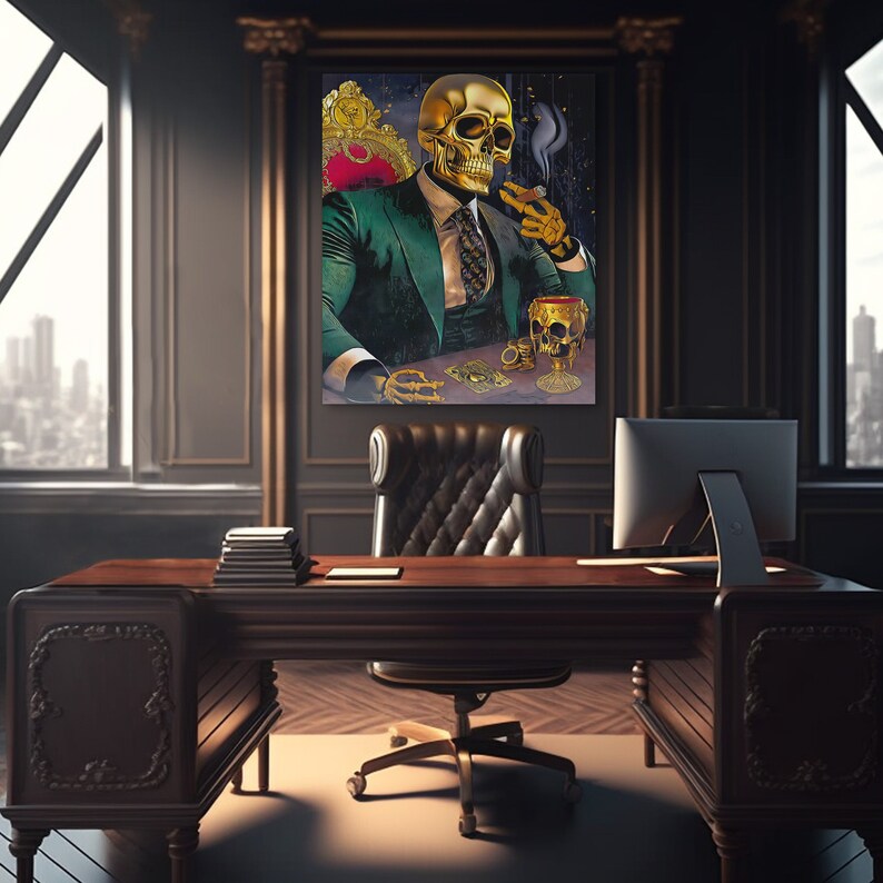 May include: A gold skull wearing a green suit and a tie, sitting on a throne, holding a cigar and a glass of wine. The skull is surrounded by playing cards and a gold ring.