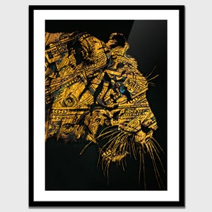 May include: A digital art print depicting a tiger's head, rendered in a gold and black colour scheme. The tiger's fur is made up of dollar bills, creating a striking visual.