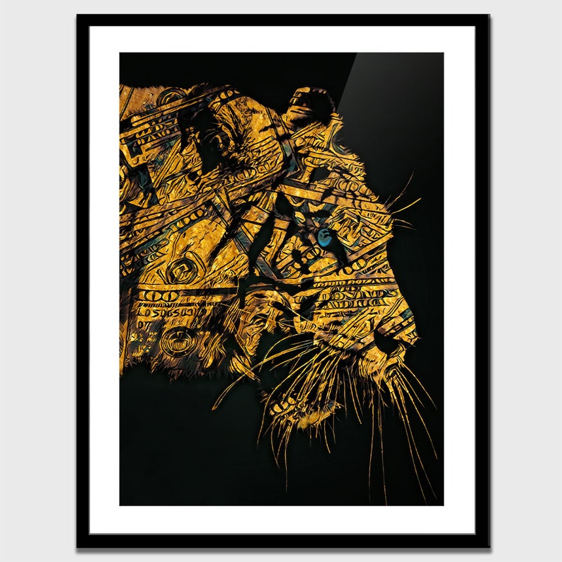 May include: A digital art print depicting a tiger's head, rendered in a gold and black colour scheme. The tiger's fur is made up of dollar bills, creating a striking visual.