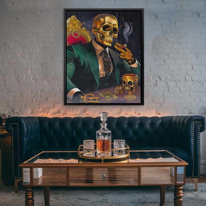 May include: A gold skull wearing a green suit and a gold tie sits in a gold chair, holding a cigar and a gold goblet. The skull is set against a dark background with gold accents.