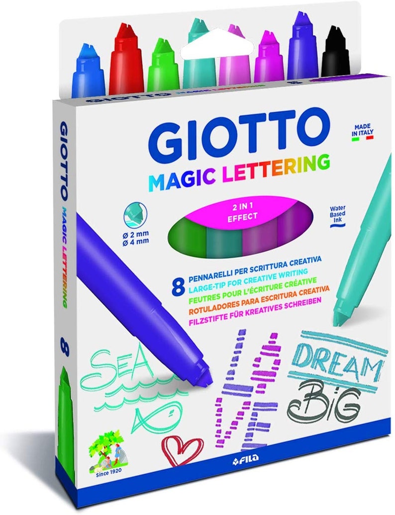 Giotto Magic Lettering 2 in 1 Effect pack of 8 Large-tip for creating writing water based ink made in Italy