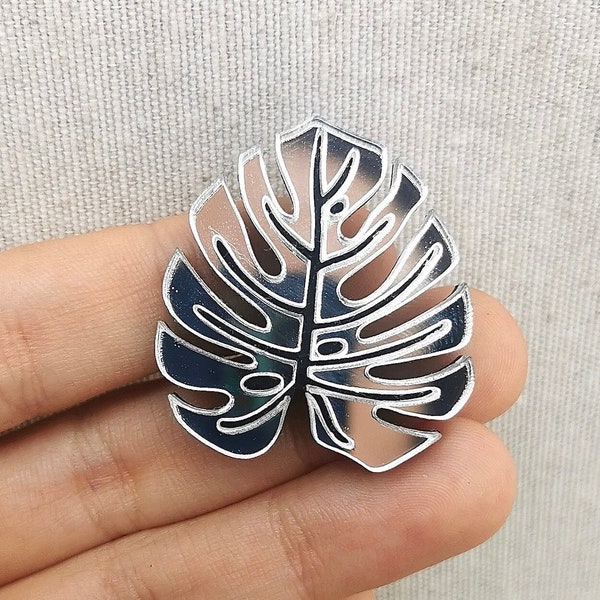 Monstera mirror pin, tropical leaf brooch, Mirrored jewelry acrylic glass