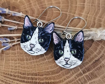 Cat earrings, black and white dangly cat earrings, dangle earrings