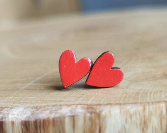 Love red hearts earrings, wooden handmade and hand painted hypoallergenic studs