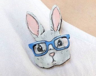 Rabbit bunny brooch, wooden animal jewelry