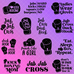 Kickboxing SVG Descarga instantánea Boxeo Jab Cross Hook Punch Duck PNG JPG dxf Cut File Clip Art Bundle
