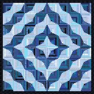 May include: A square quilt with a geometric pattern in shades of blue and white. The design features squares and star-like shapes, with a dark blue border. The quilt is made of fabric pieces sewn together.