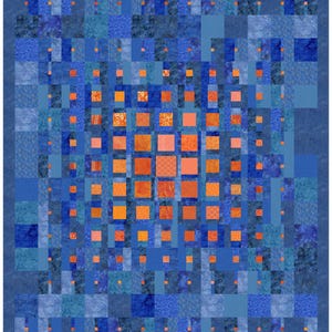 Könnte beinhalten: Ein blau-oranges Steppbett mit einem geometrischen Muster. Das Steppbett zeigt ein Raster aus blauen Quadraten und Rechtecken, mit orangefarbenen Quadraten dazwischen. Das Steppbett hat einen durchgehenden blauen Rand.