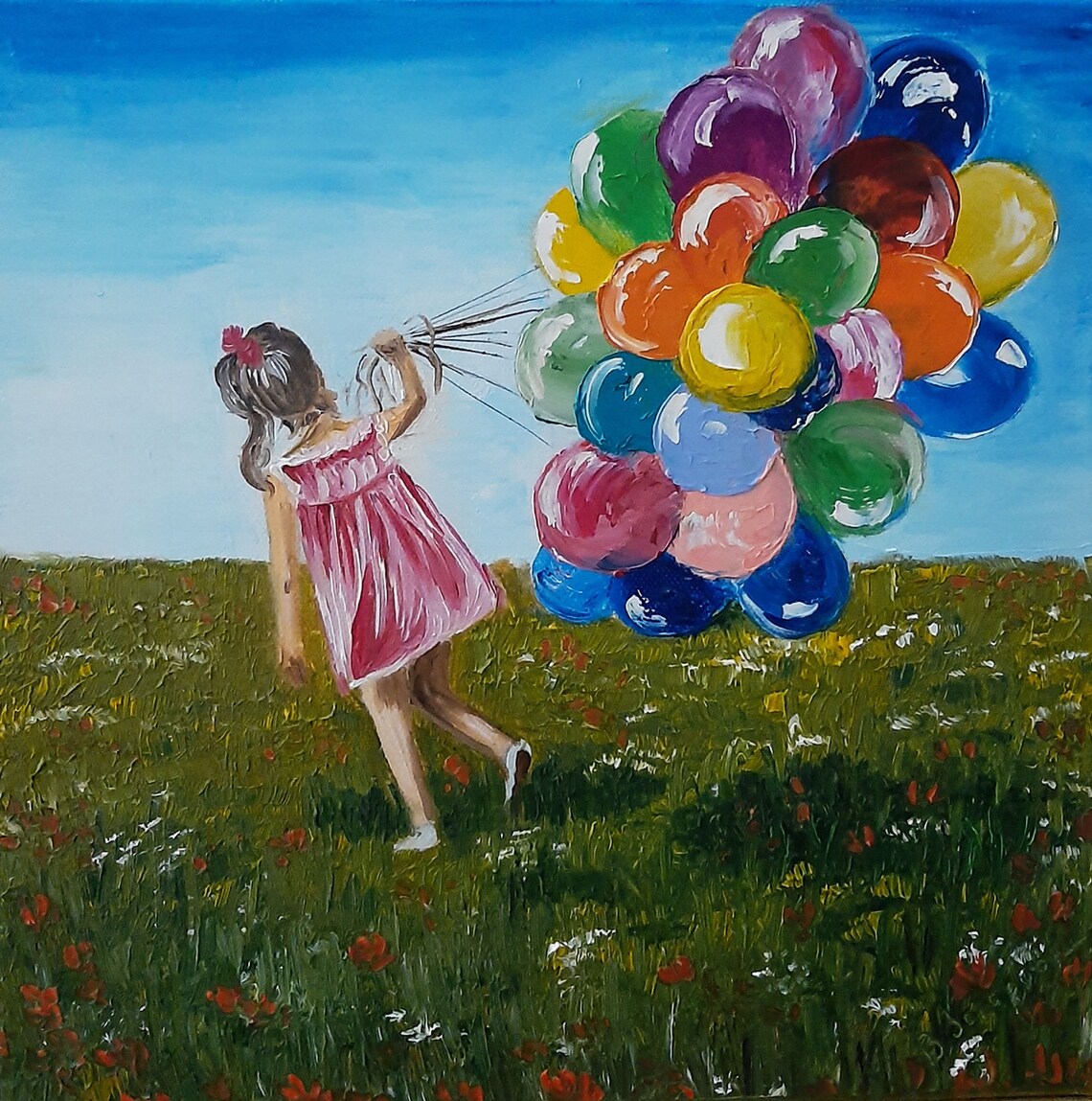 Girl with balloons. Oil painting. Canvas art. Original art Etsy