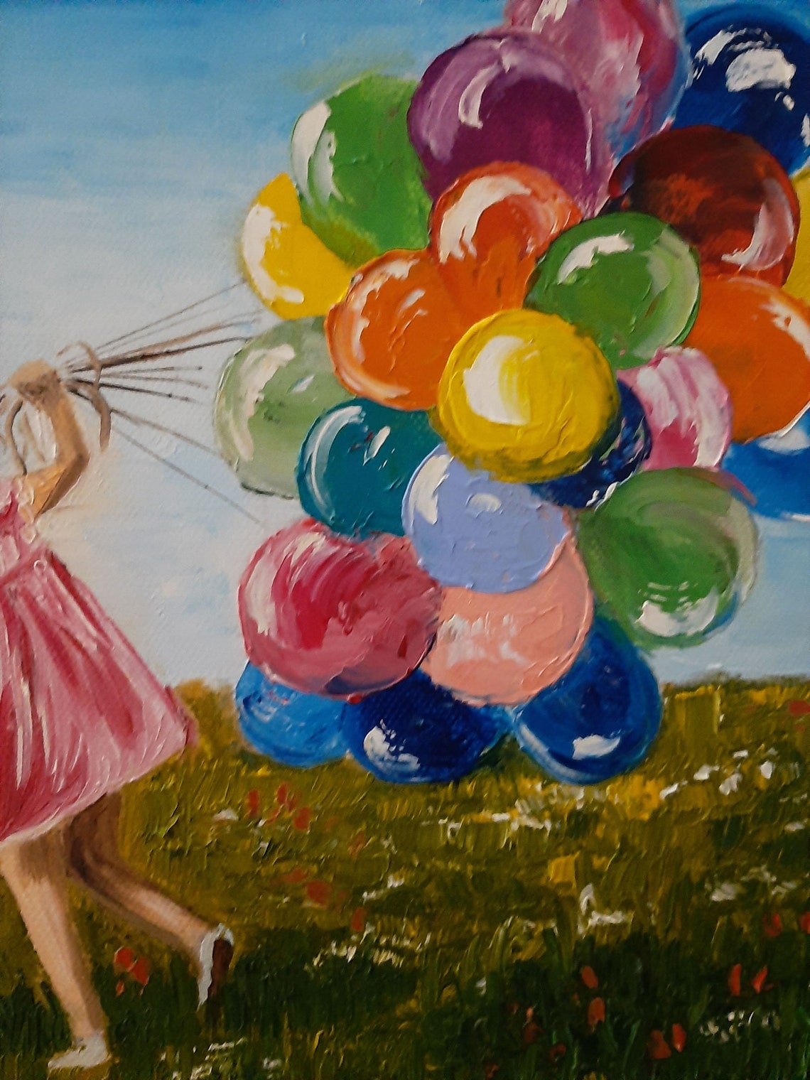 Girl with balloons. Oil painting. Canvas art. Original art Etsy