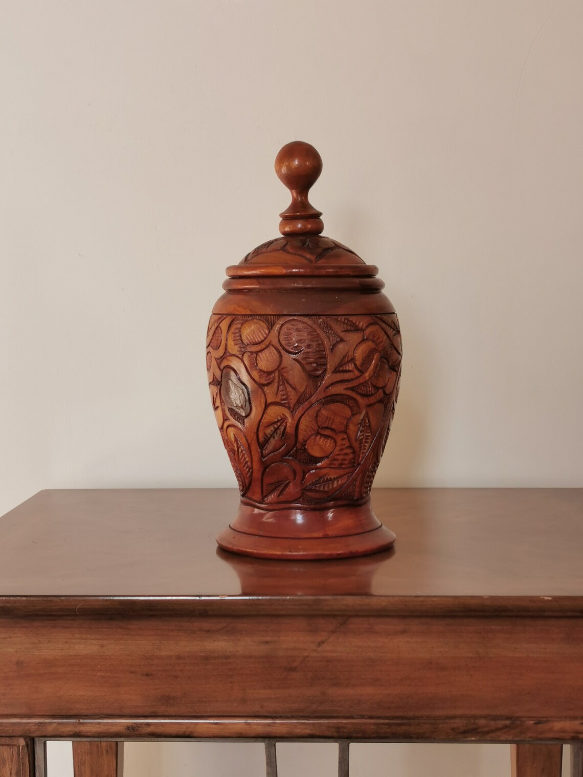 Large Wood Turned Carved Urn Vase With Lid Vintage Oriental Etsy