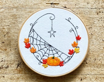 Complete Pumpkins and Web Autumn/Halloween Embroidery Kit | Halloween Embroidery Kit | Autumn Embroidery Kit | Halloween Sewing | Spider Web