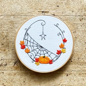 Complete Pumpkins and Web Autumn/Halloween Embroidery Kit Halloween Embroidery Kit Autumn Embroidery Kit Halloween Sewing Spider Web image 1