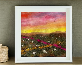 Handmade mixed media original art, sheep grazing in Yorkshire fields beneath a beautiful colourful sunset