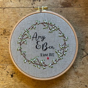 Beginners wedding embroidery kit, personalised, full colour pre-printed pattern.  Choice of thread colours and text, up to you!