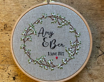 Beginners wedding embroidery kit, personalised, full colour pre-printed pattern.  Choice of thread colours and text, up to you!