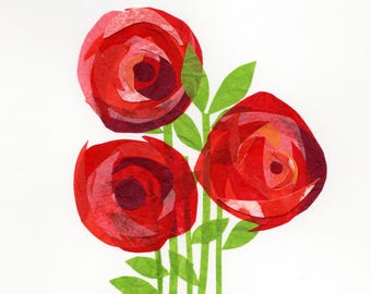 Paper Collage Print | A print of an original paper collage artwork | Glass vase of roses | paper flower artwork
