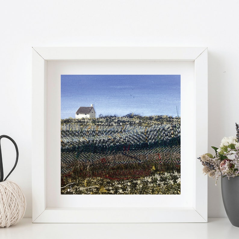 Little White Cottage mixed media picture Landscape art landscape textile picture original art gift seascape art image 1