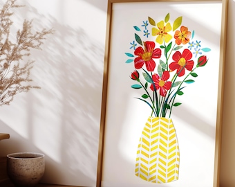 Paper Collage vase of bright flowers original art