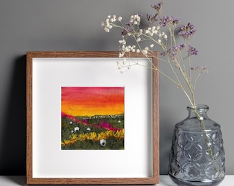 Original mixed media textile art, grazing sheep in a Yorkshire landscape beneath a colourful sunset.