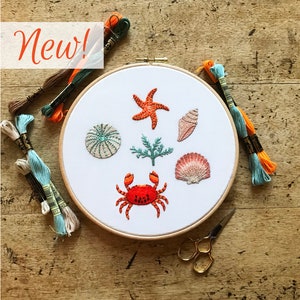 Seaside Embroidery Kit (Large) | Summer Sewing Project | Shells Embroidery Kit | Holiday Sewing Kit | DIY Hoop Art For Adults | Crab Sewing