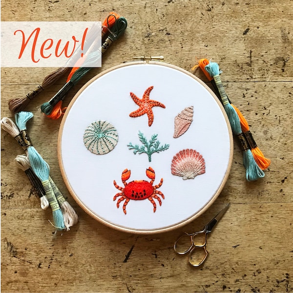 Seaside Embroidery Kit (Large) | Summer Sewing Project | Shells Embroidery Kit | Holiday Sewing Kit | DIY Hoop Art For Adults | Crab Sewing