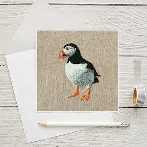 Carte de vœux imprimée Puffin brodée | cartes vierges | carte d’impression de broderie | carte de vœux de broderie imprimée | art brodé