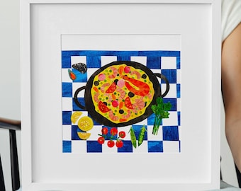 Print of original mixed media paella artwork | bright wall art | paper collage art