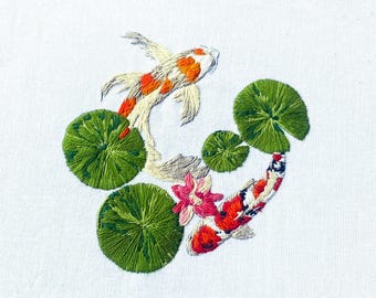 Koi Carp Embroidery Kit: Japanese Lotus Pond Design