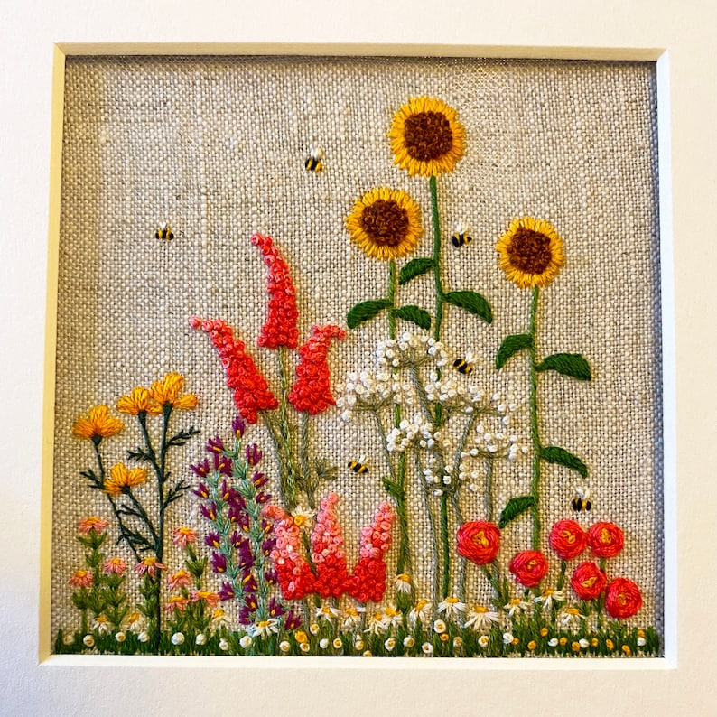 English Cottage Garden With Bees Embroidery Pattern Fabric Etsy